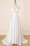 Elegant Ivory V-neck Simple Satin Prom Dresses With Pockets