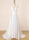 Elegant Ivory V-neck Simple Satin Prom Dresses With Pockets