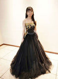 Unqiue Black Strapless Lace Up Beading Tulle Long Formal Prom Dresses