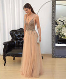 Backless Long Flowy Beading Tulle Prom Dresses Elegant Party Dresses