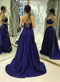 Spaghetti Straps Backless Simple A-line Long Blue Party Prom Dresses For Teens