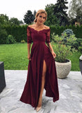 Modest Front Split Simple A-line Lace Prom Dresses Women Dresses Party Prom Gowns