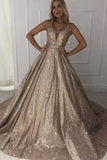 Sparkly V-neck Long Ball Gown Prom Dresses Modest Quinceanera Dresses