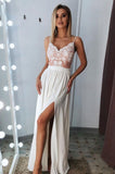 Elegant Ivory Long Lace Appliqeus A-line Prom Dresses Spaghetti Straps Party Dresses