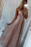 Sparkly Spaghetti Straps Long A-line Prom Dresses Modest Party Dresses For Teens