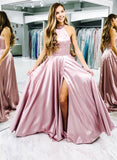 A-line Backless Front Split Halter Long Prom Dresses Classy Party Dresses