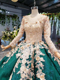 Gorgeous Modest Ball Gown Green Prom Dresses With Sleeves Sparkly Wedding Dresses