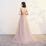 Chic V-neck Beading Long Backless Prom Dresses Elegant Party Gowns