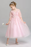 A Line Round Neck 3/4 Sleeves With Appliques Tea Length Flower Girl Dresses