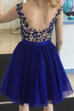 Royal Blue Bateau V-back Short Homecoming Dresses with Appliques