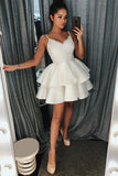 A-Line Spaghetti Straps Lace Short Layers Satin Homecoming Dresses