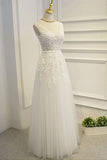 Simple A-line Lace Tulle V-Neck Appliques Prom Dresses