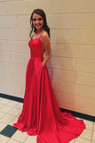 Casual Red Simple Spaghetti Straps Backless Sweep Train Backless Prom Dresses With Pockets