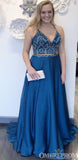 Dark Navy Two Piece Spaghetti Straps Beading Elastic Satin Prom Dresses