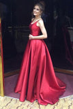 Red A-Line Long Simple Satin Open Back Sleeveless Evening Dress Prom Dresses