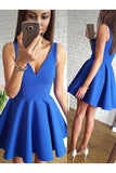 Cute Royal Blue Satin A Line V-Neck Short Homecoming Dress with Ruched Graduation Dress