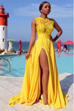 Sexy Elegant A line Yellow Chiffon Cap Sleeves Lace Evening Prom Dresses