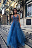 A Line Blue V Neck Beading Tulle Long Vintage Backless Prom Dresses