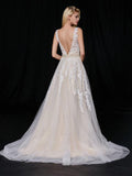 Elegant A-Line Tulle V-Neck V-Back Appliques Beads Ivory Cheap Prom Dresses