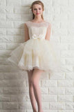 Scoop Neck Lace Tulle Bowknot Organza Lace up Short Prom Dress Homecoming Dresses