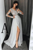 Stylish A-Line V-Neck Long Sleeves Split Front Gray Chiffon Long Prom Dresses