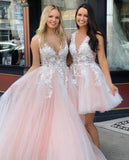 Princess V Neck Pink Long Tulle Lace Appliques Open Back Party Dress Prom Dresses