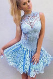 Cute A Line High Neck Blue Lace Appliques Illusion Short Cheap Homecoming Dresses