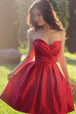 Sweetheart Simple Pleated Red Strapless Satin Party Dresses Short Homecoming Dresses