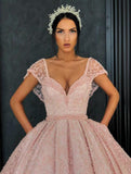 Chic Ball Gown Straps Pink Cap Sleeve Sparkly V Neck Beads Quinceanera Dress with Pockets