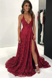 Sexy Lace Deep V Neck Side Slit A Line Long Backless Halter Burgundy Prom Dresses