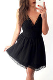 Black A Line Deep V Neck Sleeveless Open Back Short Homecoming Dresses