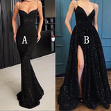 A Line Spaghetti Straps Black Sparkle Long Prom Dresses with Pockets V Neck Sequins Slit