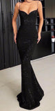 A Line Spaghetti Straps Black Sparkle Long Prom Dresses with Pockets V Neck Sequins Slit