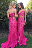 Two Pieces Mermaid Spaghetti Straps V-Neck Fuchsia Lace Split Lace up Prom Dresses