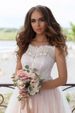 A Line Nude Tulle Pink Lace Appliqued Ball Gown Lace up Beach Wedding Dresses