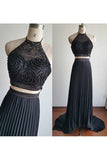 Gorgeous Halter Court Train Two Pieces Black Beads Chiffon Backless Prom Dresses