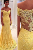 Elegant Sheath Yellow Lace Off Shoulder Long Prom Dresses