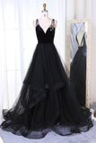 New Arrival A-Line V-Neck Black Velvet Up Tulle Backless Sleeveless Long Prom Dresses