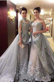 High Neck A-line Long Sleeve Tulle Appliques Sweep Train Long Prom Dresses