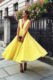 A-Line Deep V-Neck Cute Yellow Tea Length Sleeveless Open Back Lace Prom Dresses