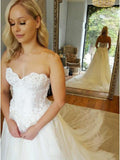 A-Line Sweetheart Strapless Lace Tulle White Sleeveless Wedding Dress with Appliques