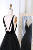 New Arrival A-Line V-Neck Black Velvet Up Tulle Backless Sleeveless Long Prom Dresses