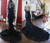 Charming Black Lace Spaghetti Strap Sweetheart Backless Mermaid Sweep Train Evening Dresses