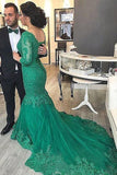 Sexy Green Mermaid V Neck Tulle Applique 3/4 Sleeves Sweep Train Plus Size Prom Dresses