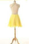 Dramatic A-line V-neck Short Chiffon Backless Daffodil Homecoming Dress with Rhinestone