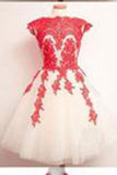 Vintage Scalloped-Edge Knee-Length White Homecoming Dress with Navy Blue Appliques