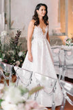 A Line Round Neck Floor Length V Neck Cheap Wedding Dress with Lace Appliques