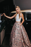 A Line Two Piece Floral Print Beautiful Prom Dresses with Pockets Evening Dresses