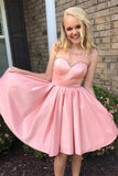 A-Line Round Neck Sleeveless Beading Pink Open Back Short Homecoming Dresses