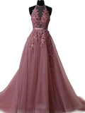 A Line Halter Lace Appliqued See-through Long Beads Lace up Tulle Backless Prom Dresses